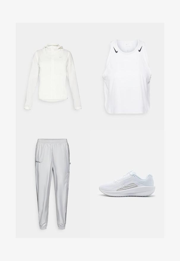Casaco branco da Nike com capuz, fecho completo, punhos elásticos e um logótipo subtil no peito. Textura suave e design leve.; T-shirt branca sem mangas feita de um tecido leve, com detalhes do logotipo preto da Nike nos ombros, decote redondo e um corte relaxado.; Calças desportivas cinza claro feitas de tecido macio, com cintura elástica, bolsos laterais e detalhes de logótipo bordado na parte frontal.; Sapatilha atlética branca com parte superior em rede, bico arredondado e sola texturizada. Apresenta o símbolo Nike em prata e um design minimalista.