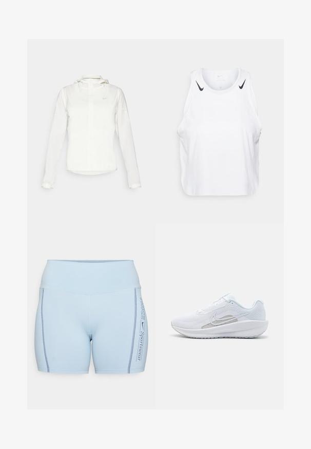 Casaco branco da Nike com capuz, fecho completo, punhos elásticos e um logótipo subtil no peito. Textura suave e design leve.; T-shirt branca sem mangas feita de um tecido leve, com detalhes do logotipo preto da Nike nos ombros, decote redondo e um corte relaxado.; Calções desportivos azul claro feitos de material elástico, com uma cintura alta, costura de contraste e uma impressão lateral de "NIKE Sportswear".; Sapatilha atlética branca com parte superior em rede, bico arredondado e sola texturizada. Apresenta o símbolo Nike em prata e um design minimalista.