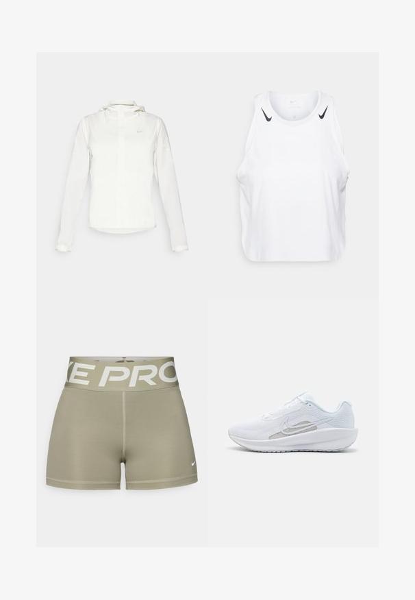 Casaco branco da Nike com capuz, fecho completo, punhos elásticos e um logótipo subtil no peito. Textura suave e design leve.; T-shirt branca sem mangas feita de um tecido leve, com detalhes do logotipo preto da Nike nos ombros, decote redondo e um corte relaxado.; Calças de desporto verde-azeitona feitas de tecido elástico, com uma ampla cintura branca "NIKE PRO" e um pequeno logótipo da Nike na parte inferior esquerda.; Sapatilha atlética branca com parte superior em rede, bico arredondado e sola texturizada. Apresenta o símbolo Nike em prata e um design minimalista.