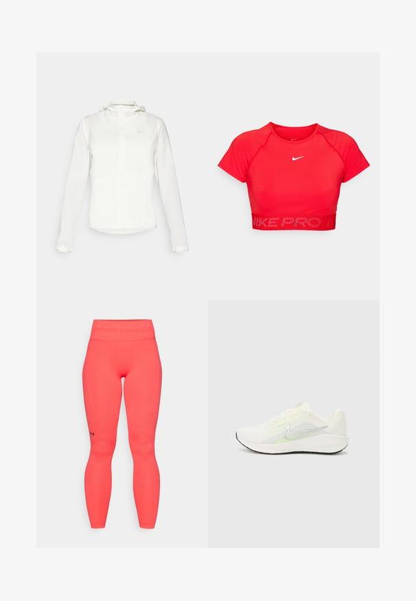 Fehér Nike dzseki kapucnival, teljes cipzárral, rugalmas mandzsettákkal és egy diszkrét logóval a mellkason. Sima textúrájú és könnyű kialakítású.; Piros, rövid ujjú sportpóló, rugalmas anyagból készült. Jellemzi a fehér Nike logó és a textúrázott derékrész, amelyen a "NIKE PRO" felirat található.; Rózsaszín, testhez simuló sportnadrág magas derékkal. Az alsó lábszáron fekete Under Armour logó található, valamint texturált panelekkel rendelkezik.; Nike Performance DOWNSHIFTER 13 - Utcai futócipők - sail/silver-coloured photon dust/summit white/barely volt/black