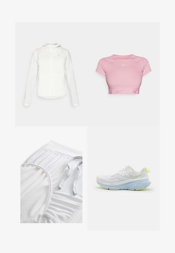 Vit Nike-jacka med huva, hel dragkedja, elastiska ärmslutar och en diskret logotyp på bröstet. Slät textur och lätt design.; Kort rosa crop top med korta ärmar, ribbat fåll och en vit Nike-logga på bröstet. Slät tyg med en figurnära design.; Vita atletiska shorts med en texturerad midja, samlade sidodetaljer och en platt dragsko. Mjuk tyg med slät yta.; Vit löparsko med ovandel i mesh, med ljusblå accenter och en tjock sula. Anmärkningsvärda gula detaljer på sulan och hälla.