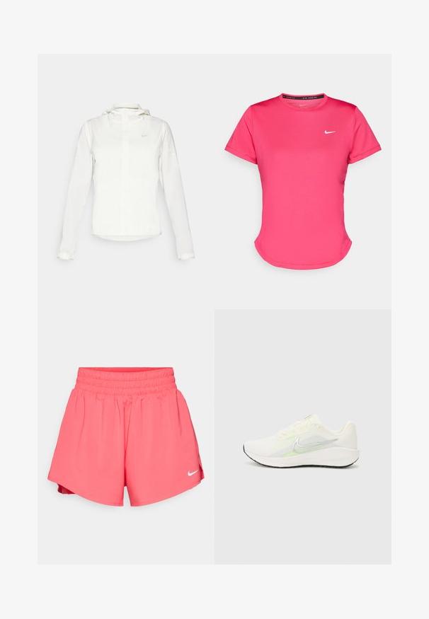 Veste blanche Nike avec capuche, fermeture éclair intégrale, poignets élastiques et un logo discret sur la poitrine. Texture lisse et design léger.; T-shirt de sport rose à manches courtes en tissu lisse et léger. Présente un petit logo Nike blanc sur la poitrine et un ourlet légèrement arrondi.; Nike Performance ONE SHORT - Short de sport - aster pink/silver; Nike Performance DOWNSHIFTER 13 - Chaussures de running sur route - sail/silver-coloured photon dust/summit white/barely volt/black