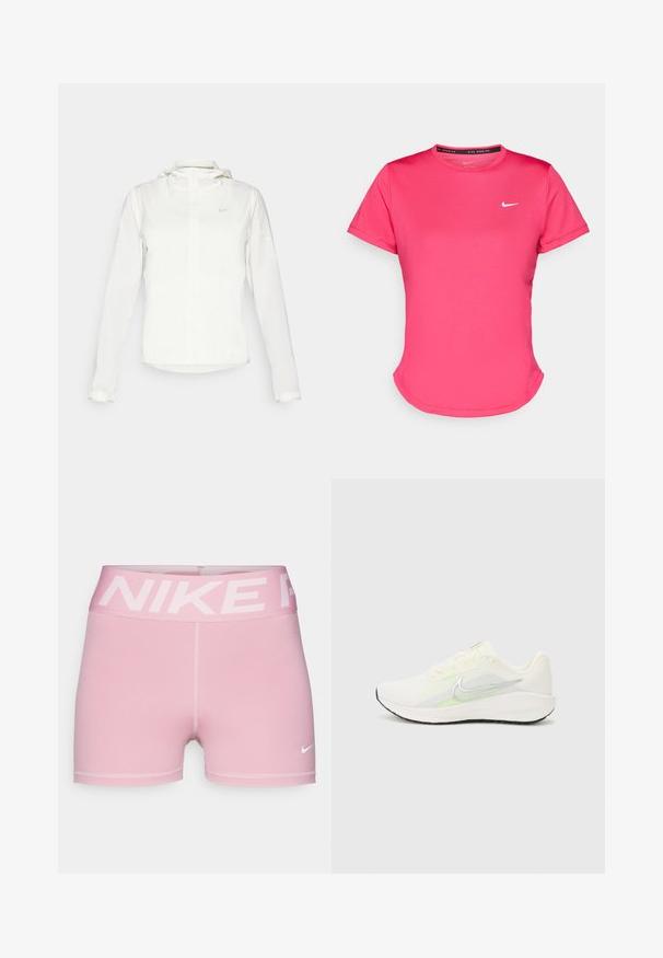 Valkoinen Nike-takki hupulla, täyspitkällä vetoketjulla, joustavilla hihansuilla ja hillityllä logolla rinnassa. Sujuva pinta ja kevyt muotoilu.; Vaatekappale on vaaleanpunainen lyhythihainen urheilupaita, joka on valmistettu sileästä ja kevyestä kankaasta. Paidassa on pieni valkoinen Nike-logo rinnassa ja hillitty kaareva helma.; Vaaleanpunaiset Nike-shortsit, joissa on leveä logovyötärö, valmistettu sileästä kankaasta. Ominaisuuksiin kuuluu tiukka malli ja kontrastoiva valkoinen Nike-swoosh.; Nike Performance DOWNSHIFTER 13 - Katujuoksukengät - sail/silver-coloured photon dust/summit white/barely volt/black