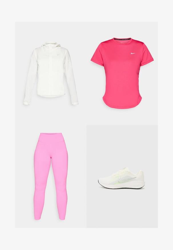 Casaco branco da Nike com capuz, fecho completo, punhos elásticos e um logótipo subtil no peito. Textura suave e design leve.; T-shirt desportivo rosa de mangas curtas, feito de um tecido leve e suave. Apresenta um pequeno logótipo branco da Nike no peito e uma bainha arredondada discreta.; Leggings cor-de-rosa com cintura alta, feitos de material elástico. Apresentam bolsos laterais e uma textura suave, estendendo-se até o tornozelo.; Nike Performance DOWNSHIFTER 13 - Sapatos para corrida em estrada - sail/silver-coloured photon dust/summit white/barely volt/black