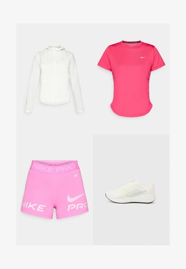 White Nike jacket with a hood, full zip, elastic cuffs, and a subtle logo on the chest. Smooth texture and lightweight design.; Short-sleeve pink athletic t-shirt made of a smooth, lightweight fabric. Features a small white Nike logo on the chest and subtle curved hem.; Nike Pro pink athletic shorts featuring a high elastic waistband, white logo text, and smooth, stretchy material.; Nike Performance DOWNSHIFTER 13 - Road running shoes - sail/silver-coloured photon dust/summit white/barely volt/black