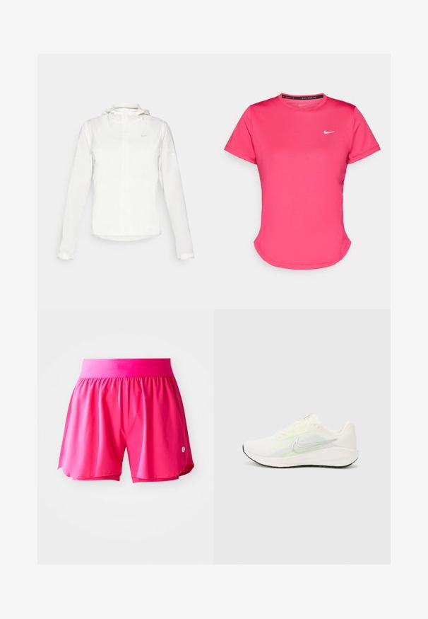 Casaco branco da Nike com capuz, fecho completo, punhos elásticos e um logótipo subtil no peito. Textura suave e design leve.; T-shirt desportivo rosa de mangas curtas, feito de um tecido leve e suave. Apresenta um pequeno logótipo branco da Nike no peito e uma bainha arredondada discreta.; Calções de desporto rosa feitos de um tecido leve. Apresentam uma cintura elástica e fendas laterais para maior mobilidade. Pequeno logótipo na frente.; Nike Performance DOWNSHIFTER 13 - Sapatos para corrida em estrada - sail/silver-coloured photon dust/summit white/barely volt/black