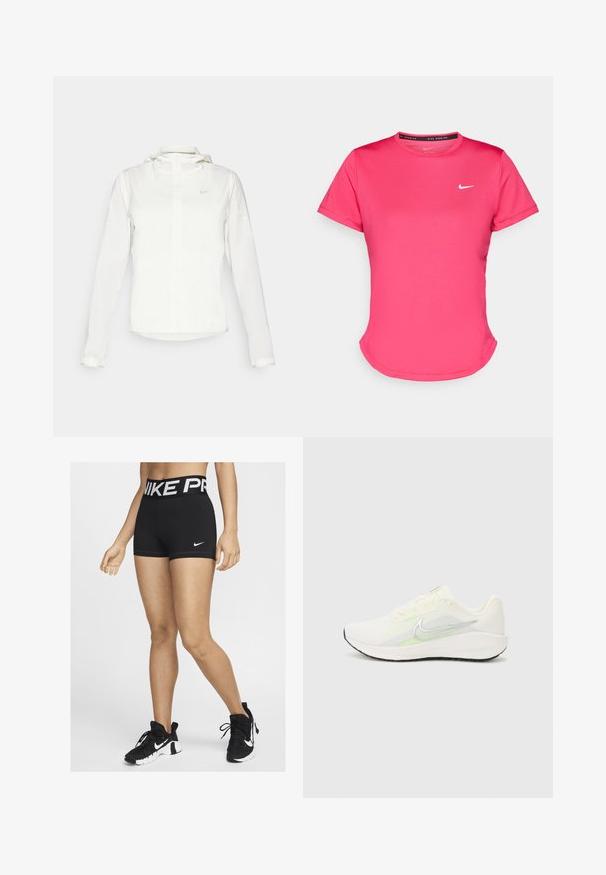White Nike jacket with a hood, full zip, elastic cuffs, and a subtle logo on the chest. Smooth texture and lightweight design.; Short-sleeve pink athletic t-shirt made of a smooth, lightweight fabric. Features a small white Nike logo on the chest and subtle curved hem.; Black athletic shorts with a wide waistband featuring "NIKE PRO" in white lettering. A small white Nike swoosh logo is visible on the side.; Nike Performance DOWNSHIFTER 13 - Road running shoes - sail/silver-coloured photon dust/summit white/barely volt/black