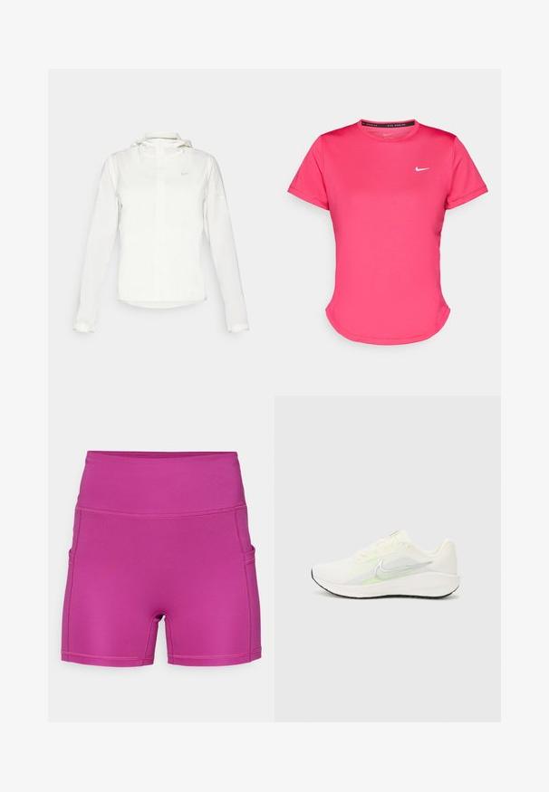 Hvid Nike-jakke med hætte, fuld lynlås, elastiske manchetter og et diskret logo på brystet. Glat tekstur og let design.; Kortærmet lyserød trænings t-shirt lavet af et glat, let stof. Har et lille hvidt Nike-logo på brystet og en diskret buet kant.; Fuchsia korte træningsshorts lavet af strækbart stof, med høj talje og sidelommer. Glat tekstur med flade sømme.; Nike Performance DOWNSHIFTER 13 - Løbesko til landevejen - sail/silver-coloured photon dust/summit white/barely volt/black