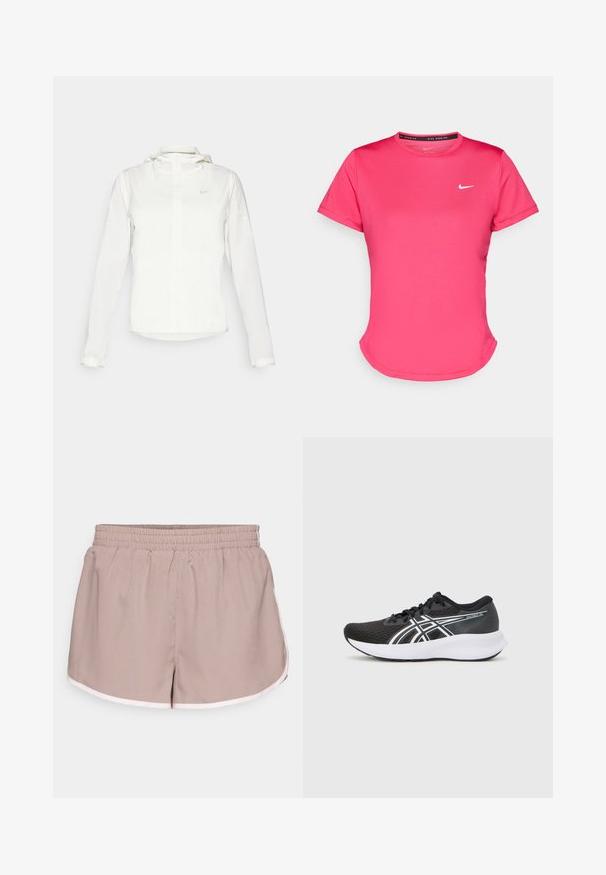White Nike jacket with a hood, full zip, elastic cuffs, and a subtle logo on the chest. Smooth texture and lightweight design.; Short-sleeve pink athletic t-shirt made of a smooth, lightweight fabric. Features a small white Nike logo on the chest and subtle curved hem.; Athletic shorts in light beige fabric with an elastic waistband, featuring a contrasting white trim along the edges and a loose fit design.; Black athletic shoes with a textured mesh upper, white accents, and a cushioned white sole. Features a logo on the side and laces.