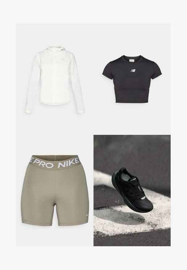 Bela Nike jakna s kapuco, polno zadrgo, elastičnimi manšetami in diskretnim logotipom na prsih. Gladka tekstura in lahko oblikovanje.; Črn skrajšan atletski majica s kratkimi rokavi, izdelana iz raztegljive tkanine. Ima bel logotip spredaj, okroglo izrezano vratno linijo in prilegajoč dizajn.; Olivno zeleni športni šort s širokim belim elastičnim pasom, na katerem je napis "NIKE PRO". Gladka, raztegljiva tkanina z detajli šivov.; Črne tekaške čevlje z teksturirano zgornjim delom, eleganten dizajn in odsevne detajle. Imajo mehak, oblazinjen podplat za udobje.