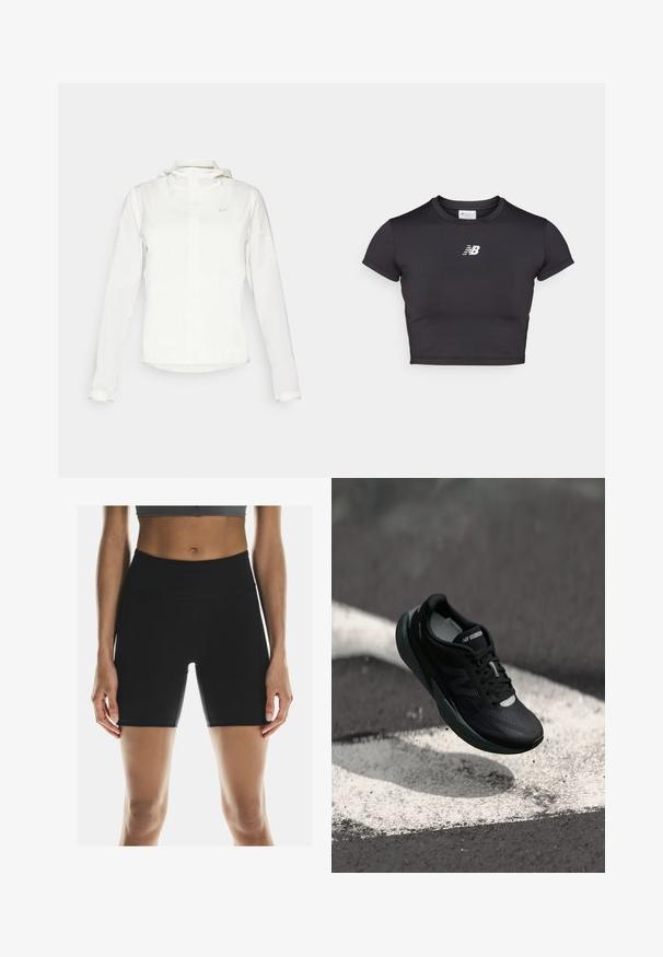 Weiße Nike-Jacke mit Kapuze, durchgehendem Reißverschluss, elastischen Bündchen und einem dezenten Logo auf der Brust. Glatte Textur und leichtes Design.; Schwarzes, kurzes Sport-T-Shirt mit kurzen Ärmeln, aus dehnbarem Stoff. Besitzt ein weißes Logo auf der Vorderseite, einen rundlichen Halsausschnitt und ein figurnahes Design.; On PERFORMANCE - Lauftights - black; Schwarzer Laufschuh mit strukturiertem Obermaterial, schlankem Design und reflektierenden Akzenten. Verfügt über eine weiche, gepolsterte Sohle für Komfort.