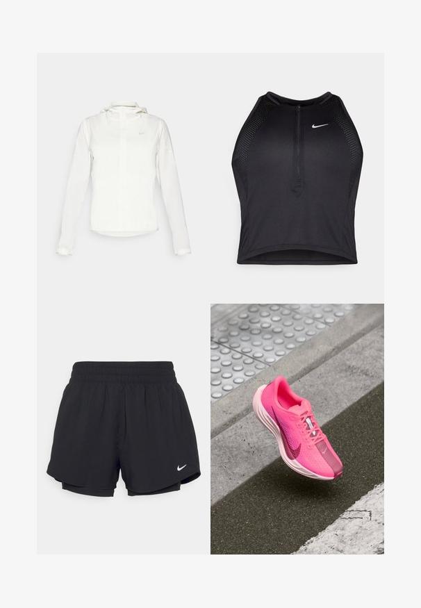 Weiße Nike-Jacke mit Kapuze, durchgehendem Reißverschluss, elastischen Bündchen und einem dezenten Logo auf der Brust. Glatte Textur und leichtes Design.; Schwarzes sportliches Crop-Top mit Reißverschluss vorne, Netz-Akzenten und figurnaher Passform. Hergestellt aus dehnbarem, atmungsaktivem Material. Nike-Logo auf der Vorderseite.; Schwarze Sportshorts mit einem gerafften elastischen Bund, Innenfutter und weißem Nike-Logo auf der unteren linken Seite. Glatter, leichter Stoff.; Nike Sportschuh in leuchtendem Pink mit Mesh-Obermaterial, gepolstertem Kragen, weißer Zwischensohle und kontrastierendem dunkelpinkem Zehenbereich sowie Swoosh-Detail.