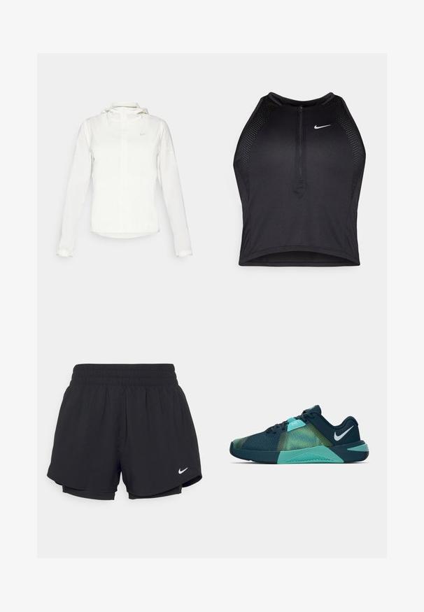 White Nike jacket with a hood, full zip, elastic cuffs, and a subtle logo on the chest. Smooth texture and lightweight design.; Black athletic crop top with a zip-front, mesh accents, and a fitted design. Made from stretchy, breathable fabric. Nike logo on front.; Black athletic shorts with a gathered elastic waistband, inner lining, and white Nike logo on the lower left side. Smooth, lightweight fabric.; Navy and aqua athletic shoes with a textured mesh upper, featuring a green gradient pattern and a cushioned sole. Nike swoosh logo on heel.