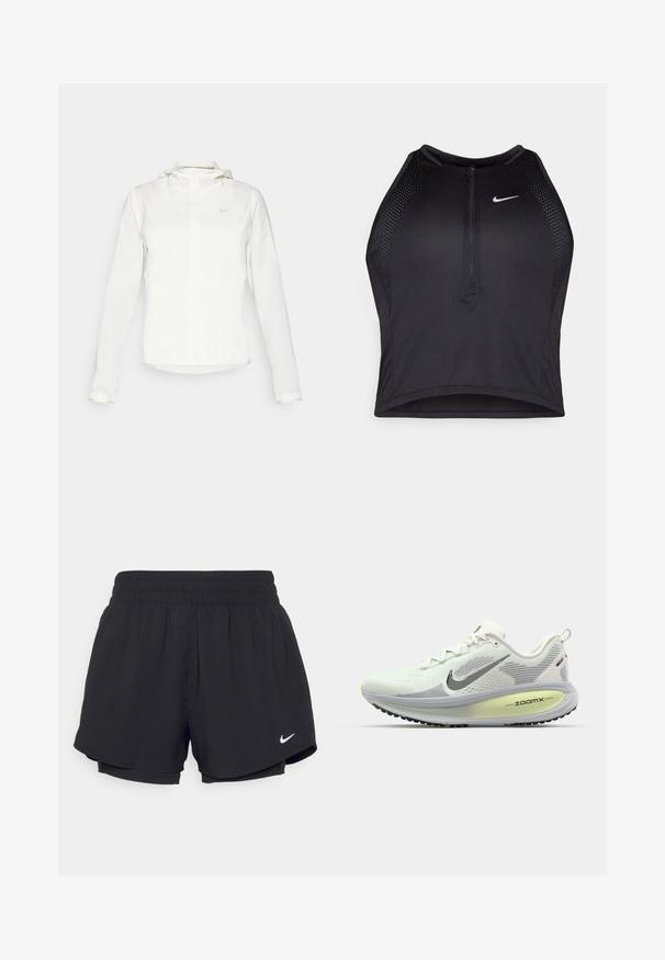 Hvid Nike-jakke med hætte, fuld lynlås, elastiske manchetter og et diskret logo på brystet. Glat tekstur og let design.; Sort sports crop top med lynlås foran, mesh-detaljer og en tætsiddende pasform. Lavet af strækbart, åndbart stof. Nike-logo på forsiden.; Sorte atletiske shorts med en samlet elastisk talje, indvendig foring og hvidt Nike-logo nederst til venstre. Glat, letvægtsstof.; Nike Performance VOMERO 18 - Løbesko til landevejen - summit white/black/barely volt/light silver/metallic silver