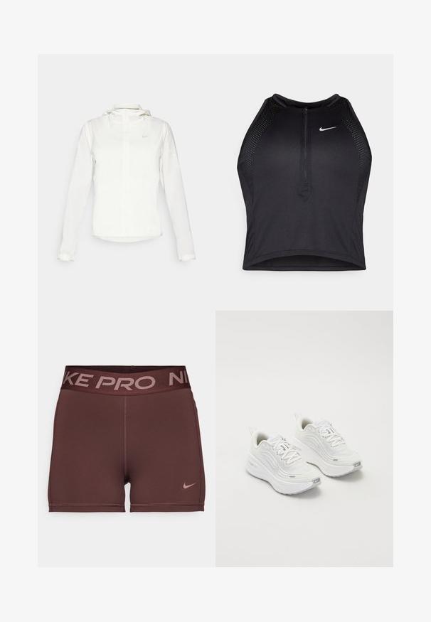 Witte Nike-jack met een capuchon, volledige rits, elastische manchetten en een subtiele logo op de borst. Gladde textuur en lichtgewicht ontwerp.; Zwarte atletische crop top met een rits aan de voorkant, mesh accenten en een aansluitend ontwerp. Gemaakt van rekbare, ademende stof. Nike-logo aan de voorkant.; Bordeaux sportieve shorts met een brede donkere tailleband waarop de tekst "NIKE PRO" staat. Gladde textuur met een klein roze Nike-logo aan de zijkant.; Witte sportieve schoenen met een gestructureerde mesh bovenkant, een comfortabele zool en subtiele grijze accenten. Inclusief branding en een lus aan de hiel voor eenvoudig aan- en uittrekken.