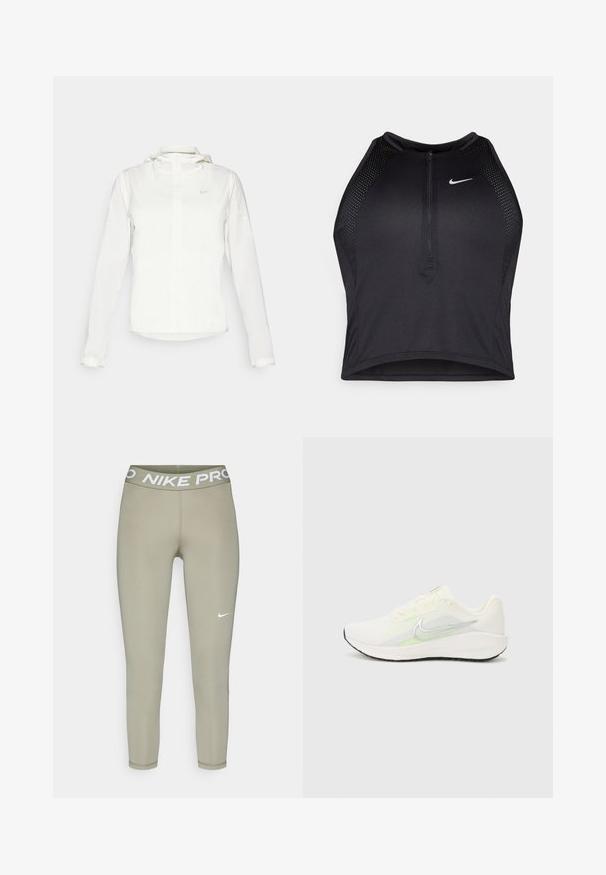 Chaqueta blanca de Nike con capucha, cremallera completa, puños elásticos y un logo sutil en el pecho. Textura suave y diseño ligero.; Top corto deportivo negro con cremallera frontal, detalles de malla y un diseño ajustado. Fabricado con tejido elástico y transpirable. Logo de Nike en la parte frontal.; Leggings en verde oliva claro, hechos de una tela elástica. Cuentan con una amplia cinturilla elástica con el texto "NIKE PRO" y un pequeño logo blanco.; Nike Performance DOWNSHIFTER 13 - Zapatillas running asfalto - sail/silver-coloured photon dust/summit white/barely volt/black