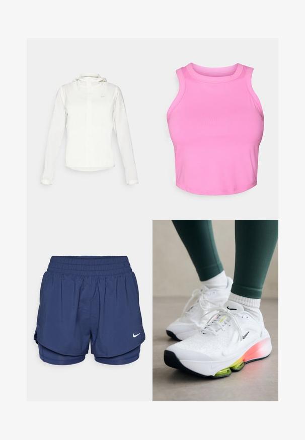 Casaco branco da Nike com capuz, fecho completo, punhos elásticos e um logótipo subtil no peito. Textura suave e design leve.; Top cropped rosa com um decote alto e design sem mangas. Feito de um tecido liso e elástico, sem padrões ou acessórios visíveis.; Calções de desporto de duas camadas azul-marinho com cintura elástica e logo da Nike em branco no lado direito da frente.; Nike Performance VERSAIR - Sapatilha de treino - white/cyber volt/black