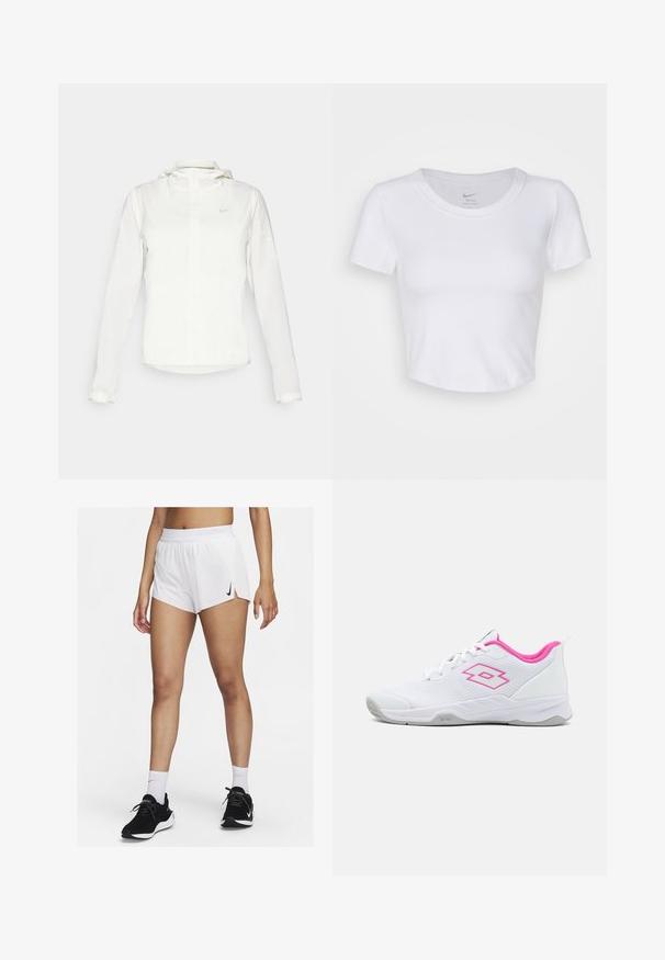 Vit Nike-jacka med huva, hel dragkedja, elastiska ärmslutar och en diskret logotyp på bröstet. Slät textur och lätt design.; Vit, kortärmad crop-top gjord av slät, syntetisk material. Har en rund necklinje och Nike-logga inuti kragen.; Vita sportshorts med ribbad midjeresår, sidospjäll och en svart Nike-logotyp. Bärs med svarta sneakers och vita strumpor i crew-längd.; Lotto MIRAGE 700 ALR - All court tennisskor - all white/wild orchid