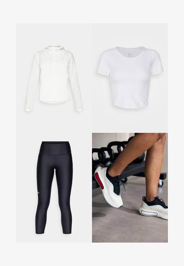 Veste blanche Nike avec capuche, fermeture éclair intégrale, poignets élastiques et un logo discret sur la poitrine. Texture lisse et design léger.; Crop top blanc à manches courtes en matériau synthétique lisse. Présente un col rond et un logo Nike à l'intérieur du col.; Leggings noirs en tissu lisse et extensible. Conception taille haute avec un ajustement près du corps et un petit logo sur la jambe gauche.; Chaussures de sport blanches et noires avec un dessus texturé, bout rond, lacets noirs et une touche de rouge sur le côté, positionnées près de kettlebells.