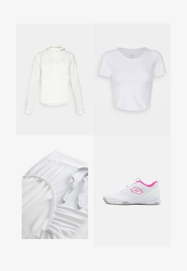 Balta Nike striukė su gobtuvu, pilnu užtrauktuku, elastingomis rankovėmis ir subtiliu logotipu ant krūtinės. Sklandi tekstūra ir lengvas dizainas.; Baltas, trumpomis rankovėmis, trumpas viršus, pagamintas iš lygios sintetinės medžiagos. Yra apvalus kaklo iškirpimas ir Nike logotipas vidinėje apykaklėje.; Balti sportiniai šortai su tekstūruotu juosmeniu, raukšlėmis šoninėse detalėse ir plokščiu raišteliu. Minkšta medžiaga su lygia apdaila.; Lotto MIRAGE 700 ALR - Teniso bateliai įvairiai dangai - all white/wild orchid
