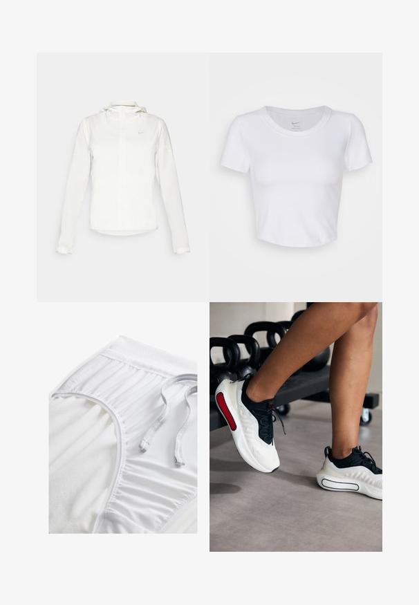 Bijela Nike jakna s kapuljačom, punim zatvaračem, elastičnim manžetama i suptilnim logotipom na prsima. Glatka textura i lagan dizajn.; Bijela, kratkotrajna majica s kratkim rukavima izrađena od glatkog sintetičkog materijala. Ima okrugli izrez i Nike logo unutar ovratnika.; Bijele atletske kratke hlače s teksturiranim pojasom, nabranim bočnim detaljima i ravnim vezicom. Mekani materijal s glatkom završnom obradom.; Bijele i crne atletske tenisice s teksturiranim gornjim dijelom, okruglim vrhom, crnim vezicama i crvenim detaljem sa strane, smještene pored kettlebella.