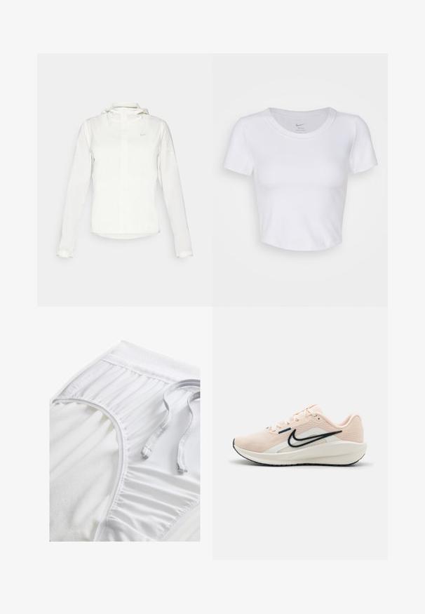 Valkoinen Nike-takki hupulla, täyspitkällä vetoketjulla, joustavilla hihansuilla ja hillityllä logolla rinnassa. Sujuva pinta ja kevyt muotoilu.; Valkoinen, lyhythihainen crop-top, joka on valmistettu sileästä synteettisestä materiaalista. Sisältää pyöreän kaula-aukon ja Nike-logon kauluksessa.; Valkoiset urheilushortsit, joissa on teksturoidut vyötärönauhat, poimutetut sivuyksityiskohdat ja tasainen nyöri. Pehmeä kangas, jossa on sileä pinta.; Nike Performance DOWNSHIFTER 13 - Katujuoksukengät - guava ice, armory,navy sail
