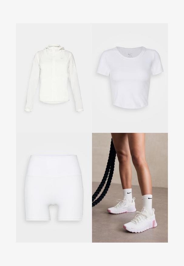 Valkoinen Nike-takki hupulla, täyspitkällä vetoketjulla, joustavilla hihansuilla ja hillityllä logolla rinnassa. Sujuva pinta ja kevyt muotoilu.; Valkoinen, lyhythihainen crop-top, joka on valmistettu sileästä synteettisestä materiaalista. Sisältää pyöreän kaula-aukon ja Nike-logon kauluksessa.; Valkoiset korkeavyötäröiset shortsit, jotka on valmistettu joustavasta kankaasta. Ominaisuuksiin kuuluu sileä pinta ja tiukka muotoilu, ilman lisäkuvioita tai varusteita.; Valkoiset urheilukengät, joissa on vaaleanpunaisia yksityiskohtia, teksturoitu pinta ja pehmustettu kaulus, yhdistetty valkoisiin ribbikuvioisiin sukkiin, joissa on musta logo.