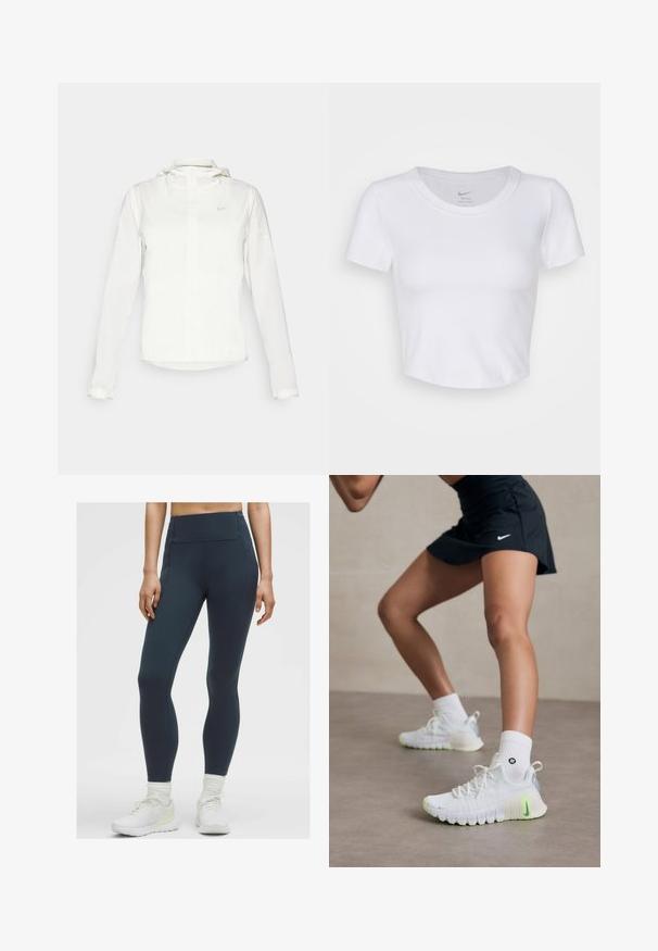 Hvid Nike-jakke med hætte, fuld lynlås, elastiske manchetter og et diskret logo på brystet. Glat tekstur og let design.; Hvid, kortærmet crop top lavet af glat, syntetisk materiale. Har en rund halsudskæring og Nike-logoet indeni kraven.; Højtaljede, mørkeblå leggings lavet af et strækbart, glat stof med flade sømme og uden synlige lommer, parret med hvide træningssko.; Hvide træningssko med en tekstureret overflade, neongrønne detaljer og et fremtrædende Nike-logo. Båret med hvide ankelstrømper.