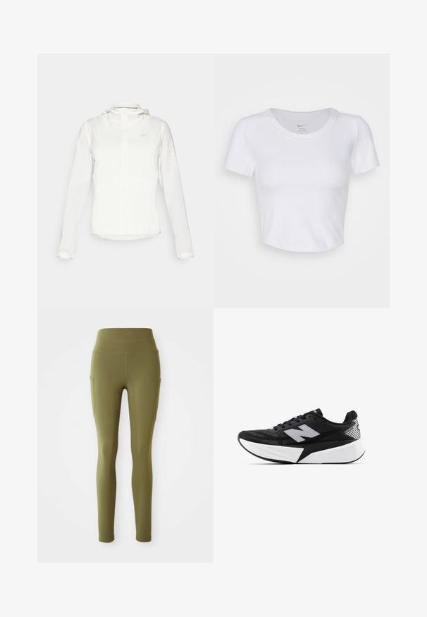 Giacca Nike bianca con cappuccio, zip completa, polsini elasticizzati e un logo discreto sul petto. Texture liscia e design leggero.; Crop top bianco a maniche corte realizzato in materiale sintetico liscio. Presenta un collo rotondo e il logo Nike all'interno del colletto.; Leggings verde oliva a vita alta con tasche laterali e dettagli delle cuciture, mostrati piatti su uno sfondo bianco.; Scarpa da corsa New Balance in bianco e nero con suola spessa, parte superiore in rete e logo "N" sul lato, vista dal lato esterno.