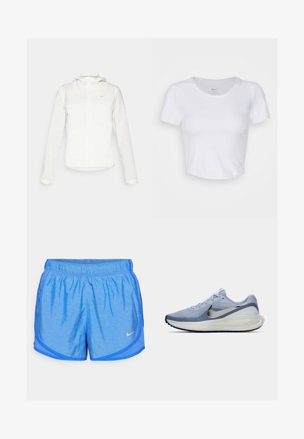 Balta Nike jaka ar kapuci, pilna rāvējslēdzēja, elastīgām piedurknēm un diskrētu logotipu uz krūšu daļas. Gluda tekstūra un viegla konstrukcija.; Balta, īsām piedurknēm crop top blūze, izgatavota no gludas sintētiskas vielas. Ir apaļš kakla izgriezums un Nike logo iekšpusē apkaklītes.; Zili sporta šorti ar elastīgu jostu, viegla auduma, ar izliekto malu un kontrastējošu sānu paneļu detaļām. Nike logs apakšējā kreisajā pusē.; Gaiši zila un balta Nike skrienošā apavi ar sudraba Swoosh logotipu, elpojošs sietiņaudums augšdaļā, mīksta zole un melna ārējā zole.