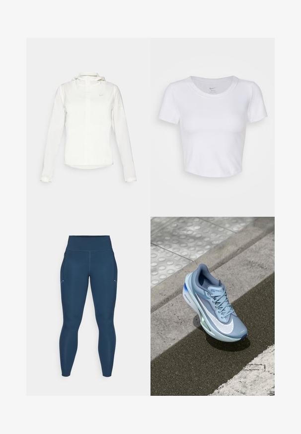 Witte Nike-jack met een capuchon, volledige rits, elastische manchetten en een subtiele logo op de borst. Gladde textuur en lichtgewicht ontwerp.; Witte, kortgemouwen crop top van glad, synthetisch materiaal. Heeft een ronde halslijn en het Nike-logo binnenin de kraag.; Navyblauwe leggings van rek materiaal, met een hoge tailleband, zijzakken en subtiele details bij de zakken.; Lichtblauwe Nike Zoom Fly hardloopschoen met een ademende mesh bovenkant, kenmerkende witte Swoosh en groene accenten op de buitenzool.
