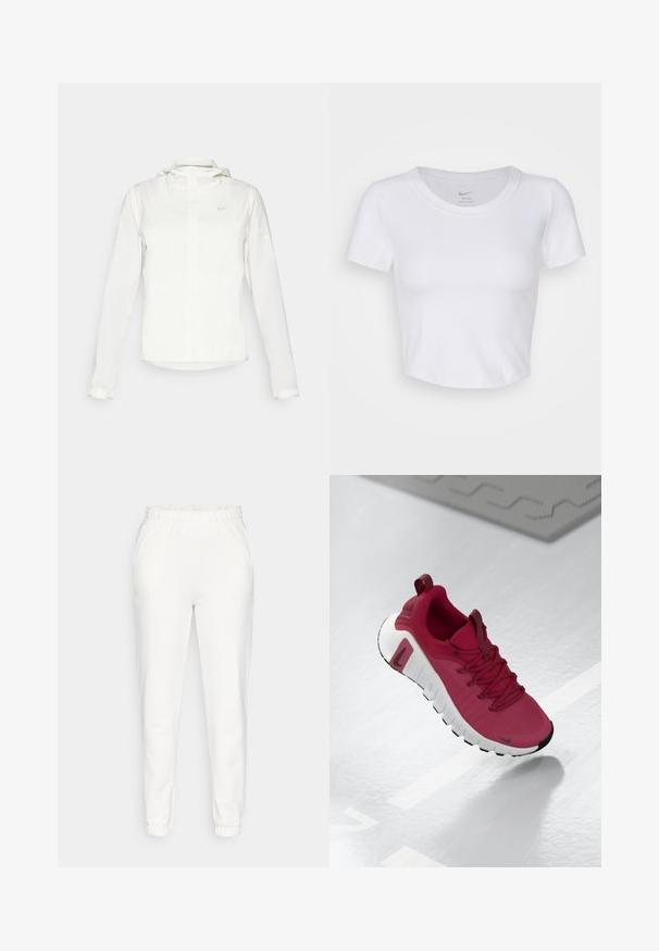 Biała kurtka Nike z kapturem, na zamek błyskawiczny, elastyczne mankiety i subtelne logo na piersi. Gładka tekstura i lekka konstrukcja.; Biały, krótki top z krótkim rękawem wykonany z gładkiego, syntetycznego materiału. Posiada okrągły dekolt oraz logo Nike wewnątrz kołnierza.; Białe zwężane spodnie dresowe z elastycznym paskiem w talii i ściągaczami, z bocznymi kieszeniami, wyeksponowane na jednolitym tle.; Czerwony but sportowy z teksturowaną cholewką, sznurówkami i grubą białą podeszwą. Posiada kontrastującą czarną osłonę palców i logo po bokach.