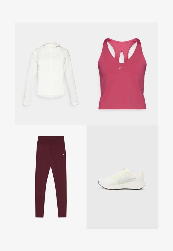 Balta Nike jaka ar kapuci, pilna rāvējslēdzēja, elastīgām piedurknēm un diskrētu logotipu uz krūšu daļas. Gluda tekstūra un viegla konstrukcija.; Rozā Nike sporta krūšturis ar sietiņu aizmugurē, piedāvājot dziļu V formas kakla izgriezumu un izgriezuma detaļu. Mazs sudraba logotips priekšpusē. Mīksts, elastīgs materiāls.; Bordo legingi, izgatavoti no elastīgas auduma ar platu jostasvietu, priekšpusē ar mazu logo detaļu. Gluda, pieguļoša forma.; Nike Performance DOWNSHIFTER 13 - Apavi skriešanai pa asfaltu - sail/silver-coloured photon dust/summit white/barely volt/black