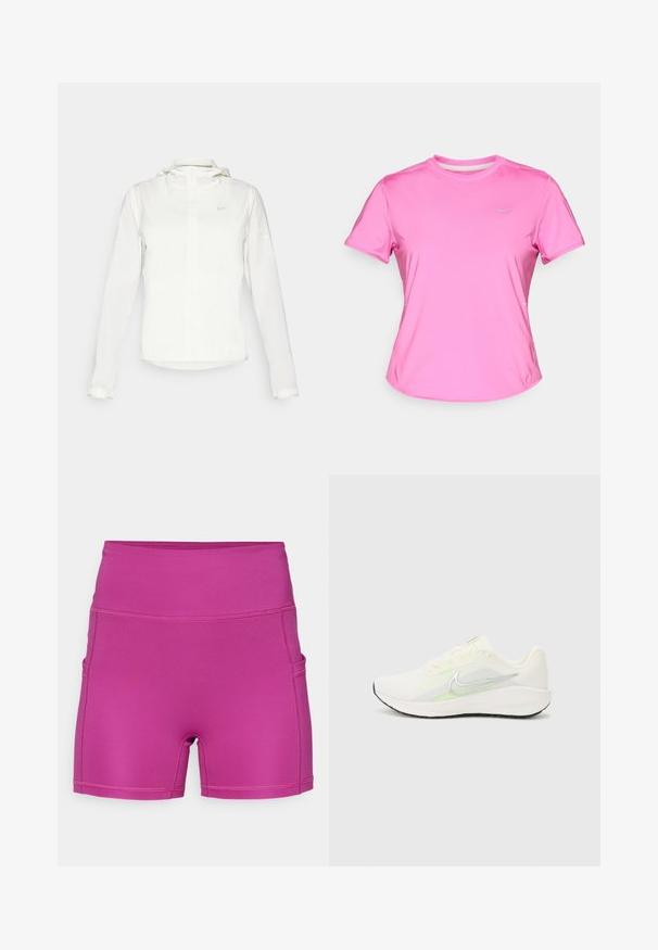 Giacca Nike bianca con cappuccio, zip completa, polsini elasticizzati e un logo discreto sul petto. Texture liscia e design leggero.; Maglietta sportiva rosa a maniche corte realizzata in materiale liscio e leggero. Presenta un colletto tondo e un piccolo logo riflettente sul davanti.; Shorts da allenamento fucsia realizzati in tessuto elastico, con vita alta e tasche laterali. Texture liscia con cuciture piatte.; Nike Performance DOWNSHIFTER 13 - Scarpe da corsa su strada - sail/silver-coloured photon dust/summit white/barely volt/black