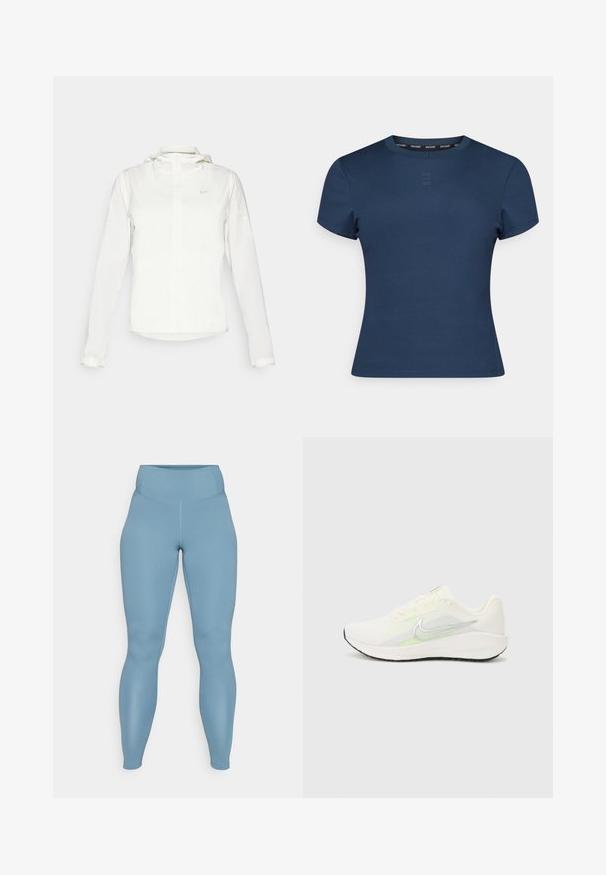 Witte Nike-jack met een capuchon, volledige rits, elastische manchetten en een subtiele logo op de borst. Gladde textuur en lichtgewicht ontwerp.; Marineblauwe, kortgemouwde t-shirt van ribstof met een ronde hals, slim fit en een subtiele merklogo op de borst.; Blauwe hoge taille leggings van glad, rekbaar materiaal. Heeft een strakke pasvorm en een naadloos ontwerp met een lichte glans.; Nike Performance DOWNSHIFTER 13 - Hardloopschoenen voor op de weg - sail/silver-coloured photon dust/summit white/barely volt/black