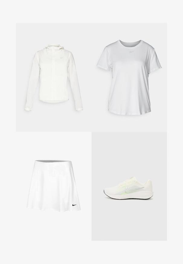 Witte Nike-jack met een capuchon, volledige rits, elastische manchetten en een subtiele logo op de borst. Gladde textuur en lichtgewicht ontwerp.; Witte T-shirt met korte mouwen van gladde stof, met een ronde halslijn en een klein grijs Nike-logo op de borst.; Witte tennisrok van lichtgewicht stof, met een uitlopende design en een elastische tailleband. Een klein zwart Nike-logo bevindt zich aan de zoom.; Nike Performance DOWNSHIFTER 13 - Hardloopschoenen voor op de weg - sail/silver-coloured photon dust/summit white/barely volt/black