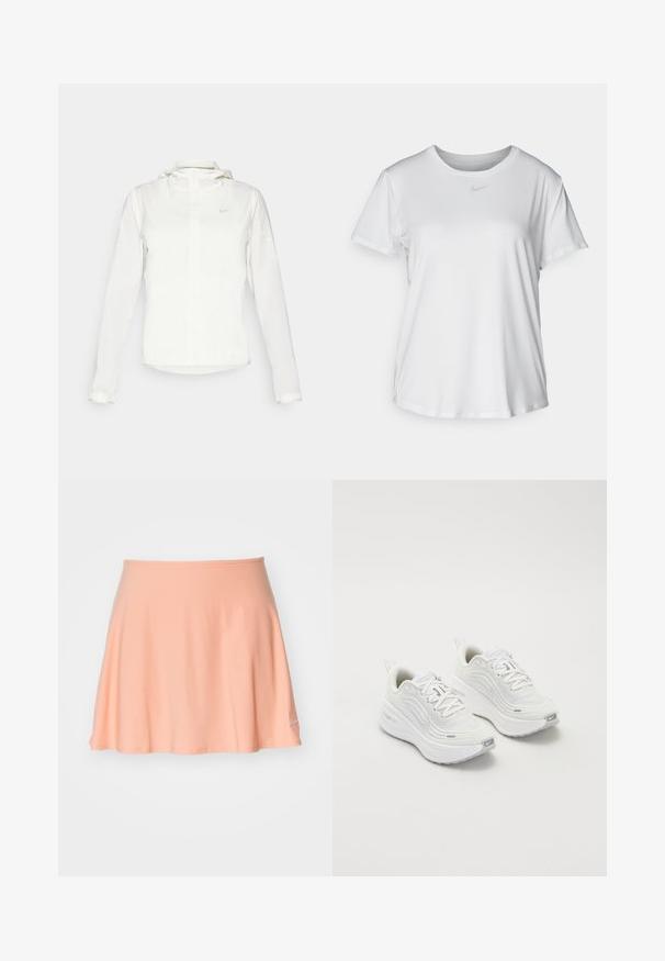Fehér Nike dzseki kapucnival, teljes cipzárral, rugalmas mandzsettákkal és egy diszkrét logóval a mellkason. Sima textúrájú és könnyű kialakítású.; Fehér, rövid ujjú póló sima anyagból, kerek nyakkivágással és egy kis szürke Nike logóval a mellkason.; Barack színű sport szoknya rugalmas anyagból, telt vonalvezetéssel és kis logóval az alsó részen. Simább felület.; Fehér sportcipő, texturált hálós felsőrésszel, párnázott talppal és diszkrét szürke díszítésekkel. Tartalmazza a márkázást és a könnyű felhúzást segítő hurkot a sarokrészen.