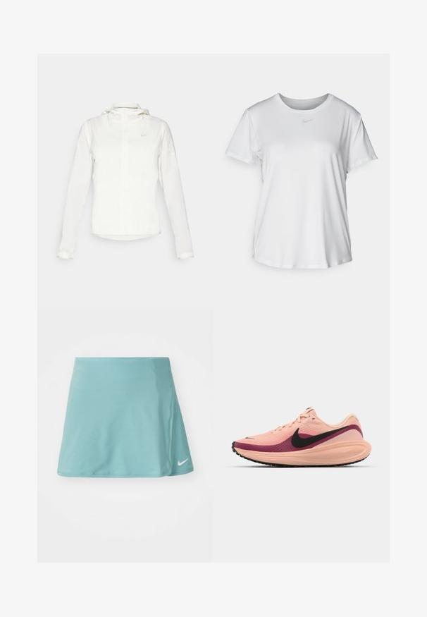 Chaqueta blanca de Nike con capucha, cremallera completa, puños elásticos y un logo sutil en el pecho. Textura suave y diseño ligero.; Camiseta blanca de manga corta hecha de tejido suave, con un escote redondo y un pequeño logo de Nike gris en el pecho.; Falda atlética de color azul claro, fabricada con un tejido suave y elástico. Presenta una abertura lateral y un pequeño logo blanco de Nike en la parte inferior frontal.; Zapatilla de running de Nike con una parte superior de malla en rosa pálido con acentos en burdeos degradado, un swoosh negro y una suela de goma texturizada.