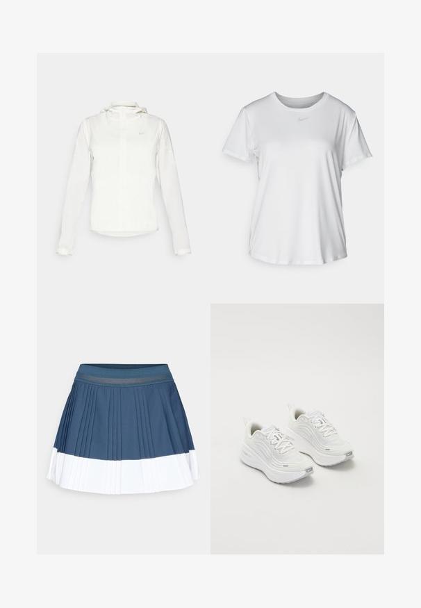 Fehér Nike dzseki kapucnival, teljes cipzárral, rugalmas mandzsettákkal és egy diszkrét logóval a mellkason. Sima textúrájú és könnyű kialakítású.; Fehér, rövid ujjú póló sima anyagból, kerek nyakkivágással és egy kis szürke Nike logóval a mellkason.; Sötétkék, redőzött sportszoknya fehér alsó csíkkal. Rugalmas derékkal és sima, textúrált anyaggal rendelkezik.; Fehér sportcipő, texturált hálós felsőrésszel, párnázott talppal és diszkrét szürke díszítésekkel. Tartalmazza a márkázást és a könnyű felhúzást segítő hurkot a sarokrészen.
