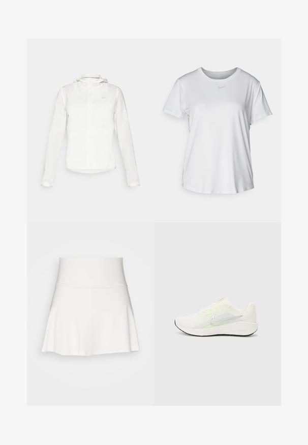 Veste blanche Nike avec capuche, fermeture éclair intégrale, poignets élastiques et un logo discret sur la poitrine. Texture lisse et design léger.; T-shirt blanc à manches courtes en tissu lisse, avec un col rond et un petit logo Nike gris sur la poitrine.; Jupe blanche évasée en tissu extensible, dotée d'une large ceinture et d'un design sans coutures, avec une texture lisse et douce.; Nike Performance DOWNSHIFTER 13 - Chaussures de running sur route - sail/silver-coloured photon dust/summit white/barely volt/black
