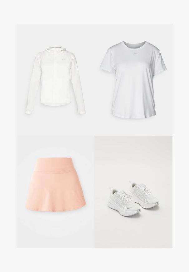 Witte Nike-jack met een capuchon, volledige rits, elastische manchetten en een subtiele logo op de borst. Gladde textuur en lichtgewicht ontwerp.; Witte T-shirt met korte mouwen van gladde stof, met een ronde halslijn en een klein grijs Nike-logo op de borst.; Perzikkleurige sportieve skort gemaakt van soepel, rekbaar materiaal. Beschikt over een brede tailleband, flaired zoom en een klein logoaccent aan de zijkant.; Witte sportieve schoenen met een gestructureerde mesh bovenkant, een comfortabele zool en subtiele grijze accenten. Inclusief branding en een lus aan de hiel voor eenvoudig aan- en uittrekken.