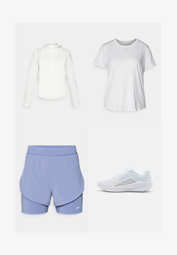 Chaqueta blanca de Nike con capucha, cremallera completa, puños elásticos y un logo sutil en el pecho. Textura suave y diseño ligero.; Camiseta blanca de manga corta hecha de tejido suave, con un escote redondo y un pequeño logo de Nike gris en el pecho.; Shorts de Nike en púrpura claro, con un diseño en capas que incluye un forro interior ajustado y un exterior de corte holgado. Cintura elástica para mayor comodidad.; Zapatilla deportiva blanca con parte superior de malla, punta redondeada y suela texturizada. Presenta un swoosh de Nike plateado y un diseño minimalista.