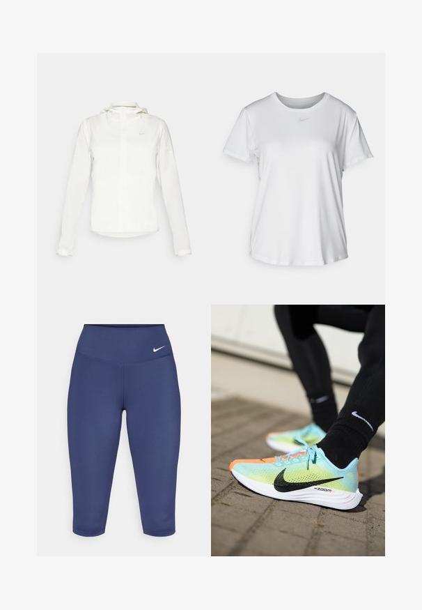 Veste blanche Nike avec capuche, fermeture éclair intégrale, poignets élastiques et un logo discret sur la poitrine. Texture lisse et design léger.; T-shirt blanc à manches courtes en tissu lisse, avec un col rond et un petit logo Nike gris sur la poitrine.; Leggings capri bleu marine en tissu extensible, dotés d'une ceinture large et d'un petit logo blanc sur le côté gauche. Aucune couture visible.; Les chaussures de course Nike ZoomX présentent une tige en maille vert menthe avec des accents noirs, un embout orange et une semelle blanche avec une texture antidérapante.