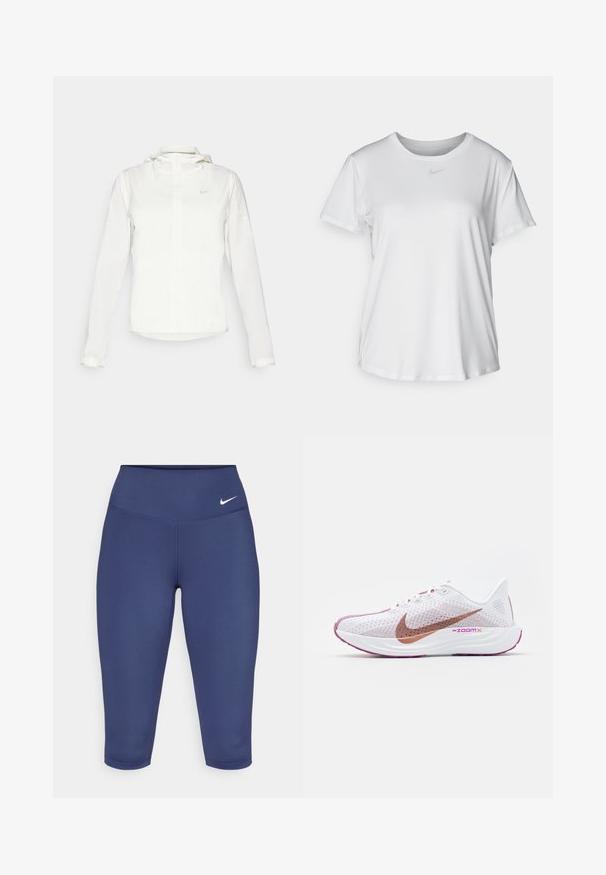 White Nike jacket with a hood, full zip, elastic cuffs, and a subtle logo on the chest. Smooth texture and lightweight design.; White short-sleeve T-shirt made of smooth fabric, featuring a round neckline and a small grey Nike logo on the chest.; Navy blue capri leggings made of stretch fabric, featuring a wide waistband and a small white logo on the left side. No visible seams.; Nike Performance PEGASUS PLUS - Road running shoes - white/metallic red bronze/platinum violet/plum dust/hot fuchsia