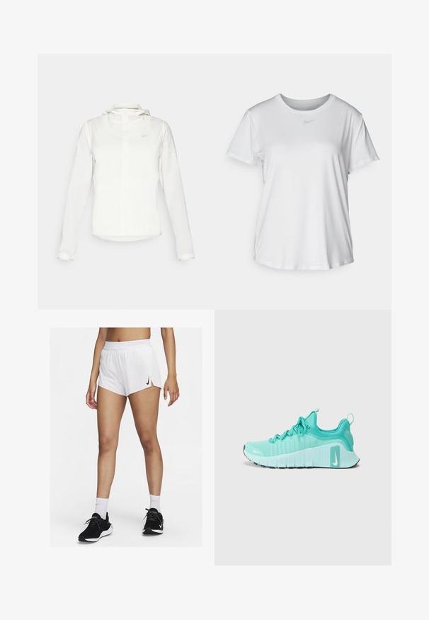 Chaqueta blanca de Nike con capucha, cremallera completa, puños elásticos y un logo sutil en el pecho. Textura suave y diseño ligero.; Camiseta blanca de manga corta hecha de tejido suave, con un escote redondo y un pequeño logo de Nike gris en el pecho.; Pantalones cortos deportivos blancos con cinturilla acanalada, aberturas laterales y un logo negro de Nike. Se llevan con zapatillas negras y calcetines blancos hasta la mitad de la pantorrilla.; Zapatillas de running Nike en color azul verdoso con suelas blancas, llevadas con calcetines blancos de Nike, sosteniendo una pelota de ejercicio negra sobre un suelo gris.
