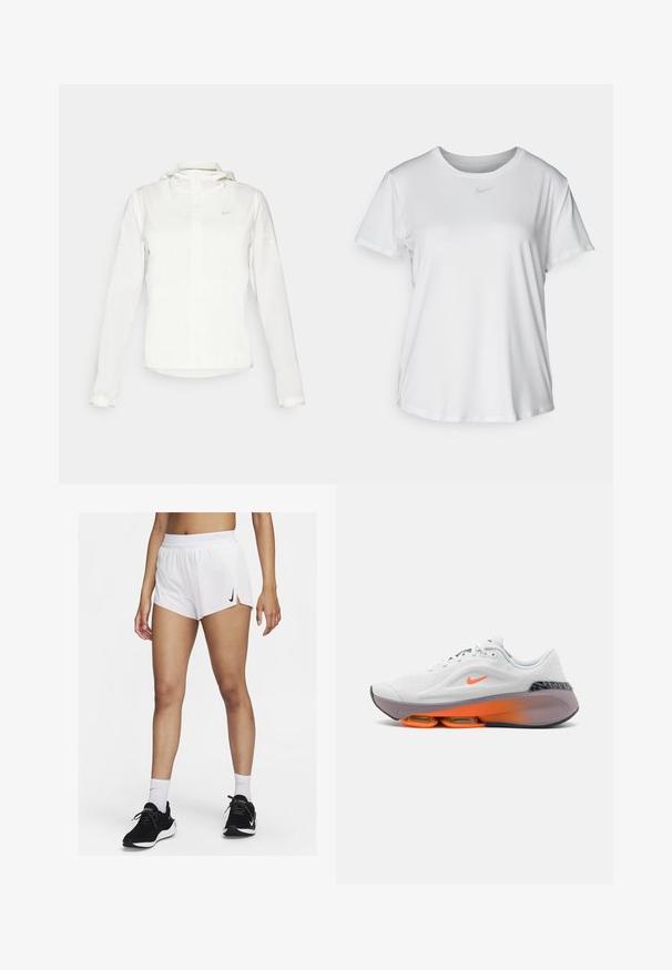 White Nike jacket with a hood, full zip, elastic cuffs, and a subtle logo on the chest. Smooth texture and lightweight design.; White short-sleeve T-shirt made of smooth fabric, featuring a round neckline and a small grey Nike logo on the chest.; White athletic shorts with a ribbed waistband, side slits, and a black Nike logo. Worn with black sneakers and white crew socks.; Nike Performance VERSAIR PRM - Training shoe - purple, grey