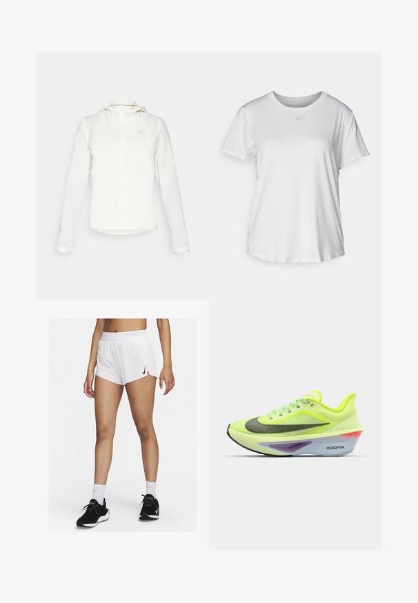 White Nike jacket with a hood, full zip, elastic cuffs, and a subtle logo on the chest. Smooth texture and lightweight design.; White short-sleeve T-shirt made of smooth fabric, featuring a round neckline and a small grey Nike logo on the chest.; White athletic shorts with a ribbed waistband, side slits, and a black Nike logo. Worn with black sneakers and white crew socks.; Green and yellow running shoe with a mesh upper, rounded toe, black and silver accents, and a multicolored foam sole with "ZOOMX" branding.