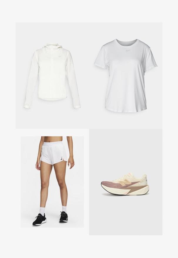 Valkoinen Nike-takki hupulla, täyspitkällä vetoketjulla, joustavilla hihansuilla ja hillityllä logolla rinnassa. Sujuva pinta ja kevyt muotoilu.; Valkoinen lyhythihainen T-paita, joka on valmistettu sileästä kankaasta. Paidoissa on pyöreä kaula-aukko ja rintaan on painettu pieni harmaa Nike-logo.; Valkoiset urheilushortsit, joissa on resorivyötärö, sivuhaarat ja musta Nike-logo. Yhdistetty mustiin tennareihin ja valkoisiin polvisukkiin.; Juoksukengät, joissa on kerma vaaleat päälliset, vaaleanpunaiset korostukset ja harmaat yksityiskohdat. Varusteena paksu pohja, jossa on teksturoitu pinta ja erottuva logo.