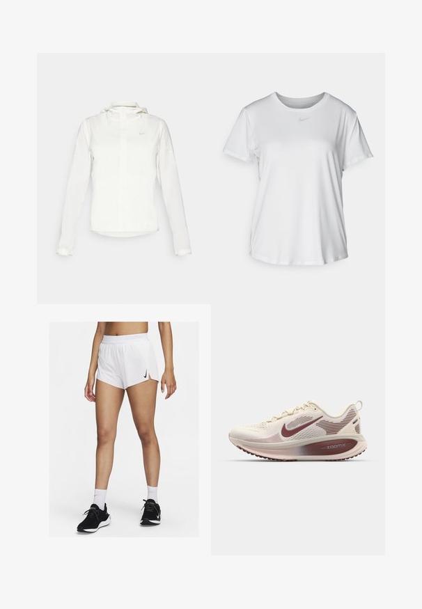 Veste blanche Nike avec capuche, fermeture éclair intégrale, poignets élastiques et un logo discret sur la poitrine. Texture lisse et design léger.; T-shirt blanc à manches courtes en tissu lisse, avec un col rond et un petit logo Nike gris sur la poitrine.; Shorts de sport blancs avec une ceinture côtelée, des fentes latérales et un logo Nike noir. Portés avec des baskets noires et des chaussettes hautes blanches.; Nike Performance VOMERO 18 - Chaussures de running sur route - pale ivory/dark team red/red sepia/silt red/phantom