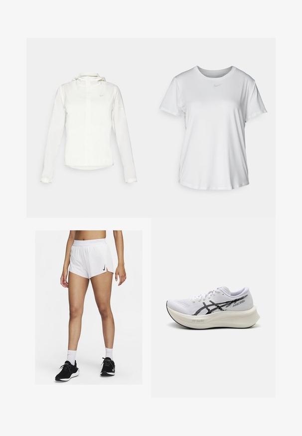 Giacca Nike bianca con cappuccio, zip completa, polsini elasticizzati e un logo discreto sul petto. Texture liscia e design leggero.; T-shirt bianco a maniche corte realizzato in tessuto liscio, con scollatura tonda e un piccolo logo grigio Nike sul petto.; Pantaloncini sportivi bianchi con vita a coste, spacchi laterali e logo Nike nero. Indossati con scarpe da ginnastica nere e calzini bianchi alti.; ASICS MAGIC SPEED - Scarpe da corsa su strada - white/black